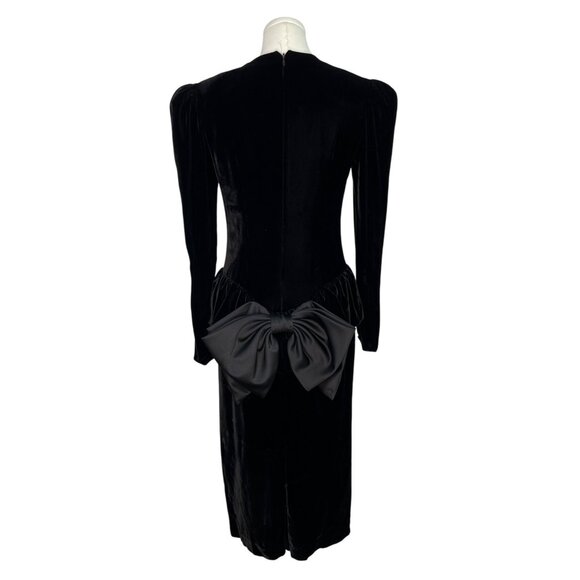 Vtg 80s Wayne Clark Black Velvet Dress With Puff Sleeves & Bow Back Detail Sz 4 - Picture 3 of 9